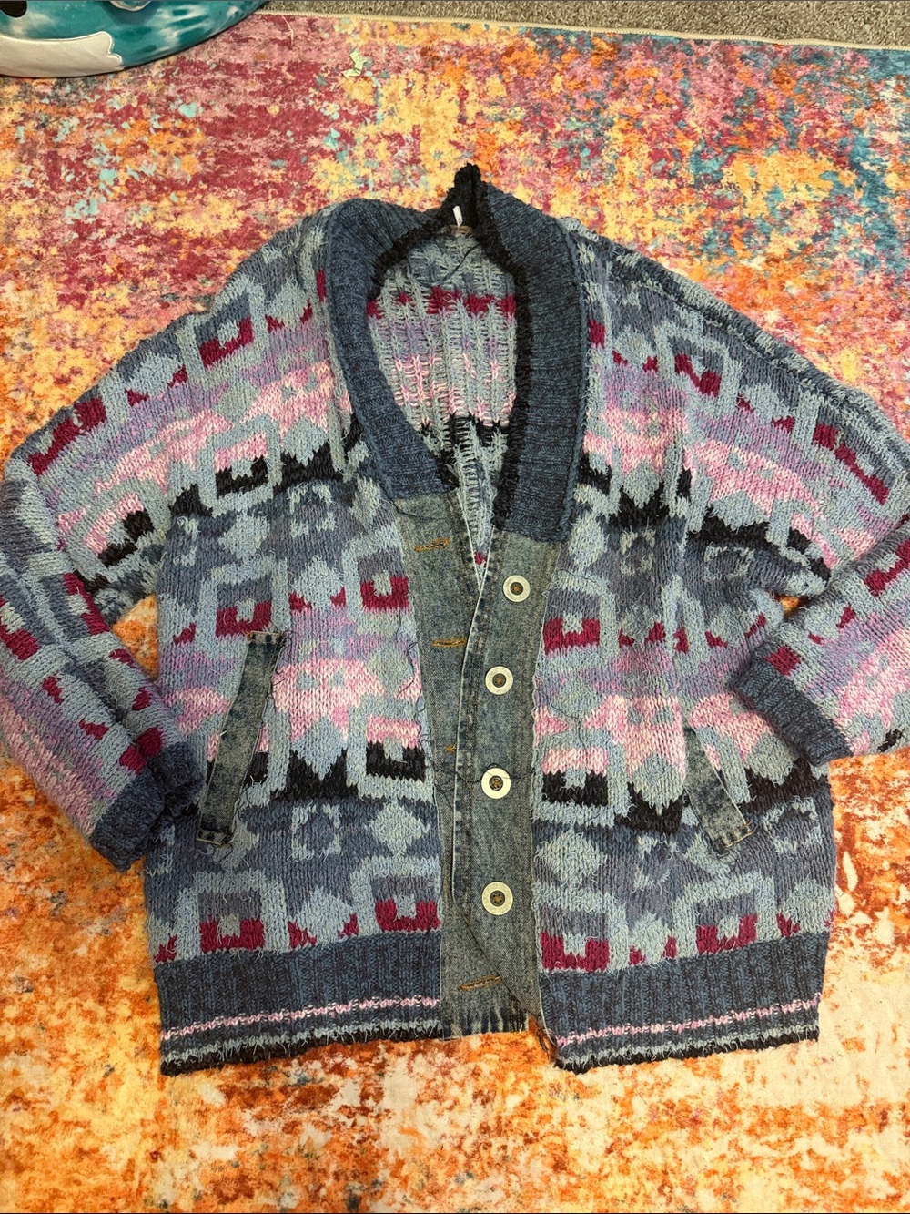 Free People Multicolor Geometric Shawl Collar Cardigan - Blue, Pink, Gray